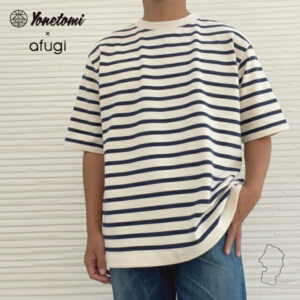yonetomi new basic | 半袖バスクシャツ 度詰め編みのコットンニットTシャツ クルーネック オフホワイト×ネイビー(OFFWHITE×NAVY)　[山形]